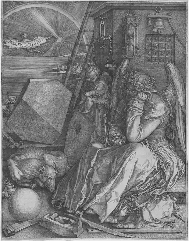 «Меланхолия I», гравюра Альбрехта Дюрера, 1514: магический квадрат, весы и песочные часы